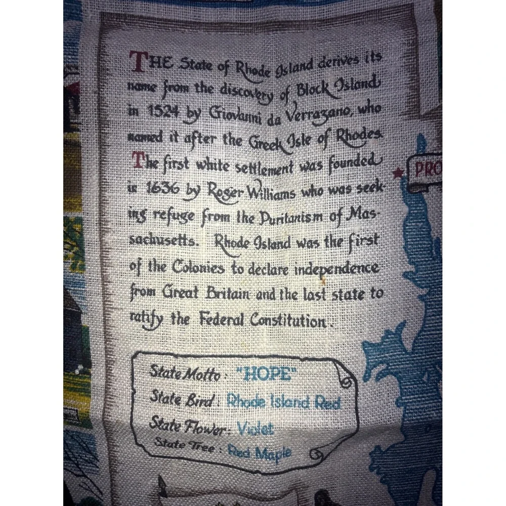 Vintage Rhode Island Souvenir Tea Towel Linen Map Historic Landmarks Nautical